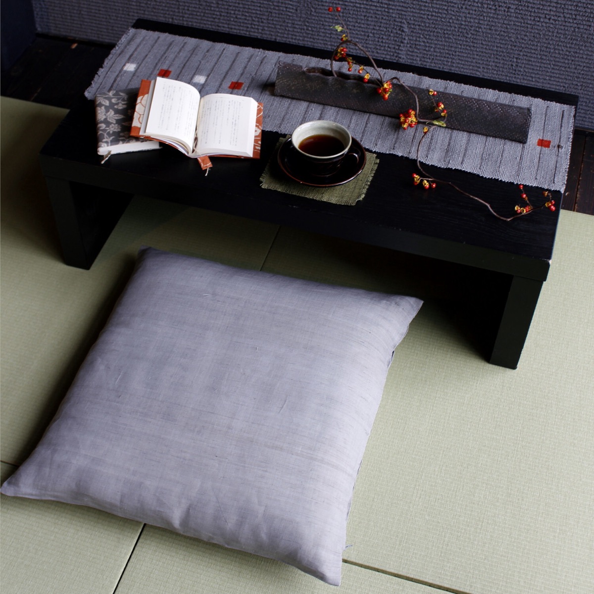Japanese Linen Zabuton Floor Cushion Cover, Plain Pine-Soot Charcoal, 21.7 x 23.2 in, Iono Weave, Made in Japan — view 1