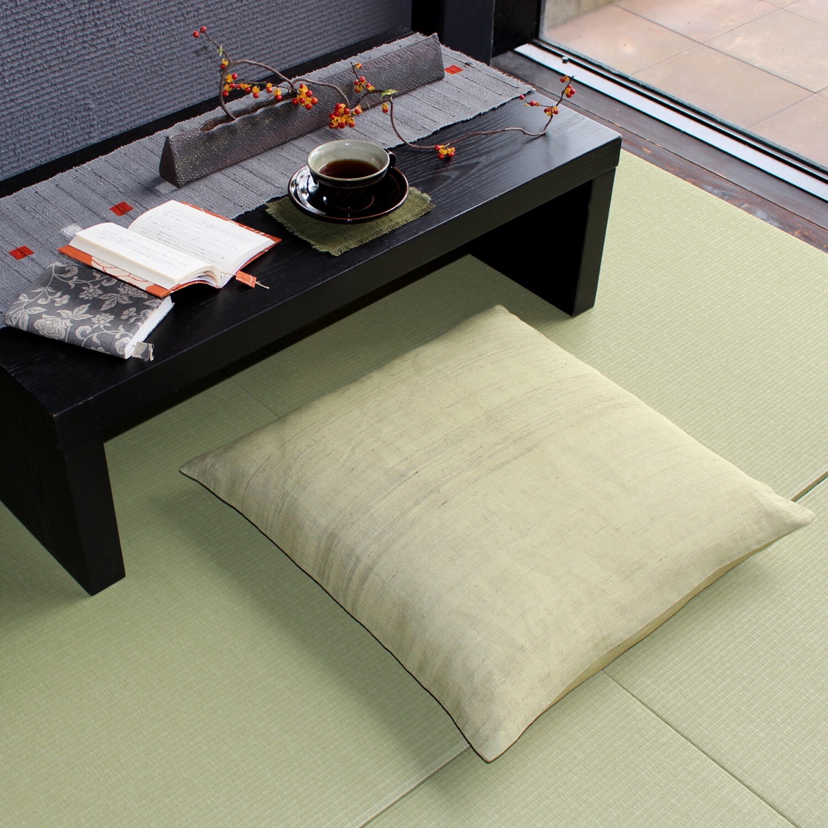 Japanese Linen Zabuton Floor Cushion Cover, Plain Rapeseed Yellow, 21.7 x 23.2 in, Iono Weave, Made in Japan
