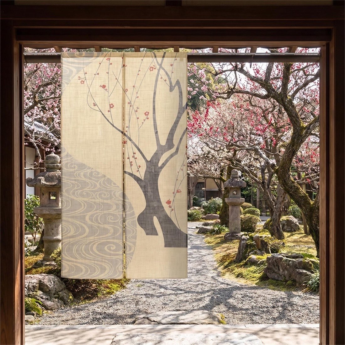 Japanese Noren Curtain, Red Plum Flowing Water Print, 33.5 x 59.1 in — view 10