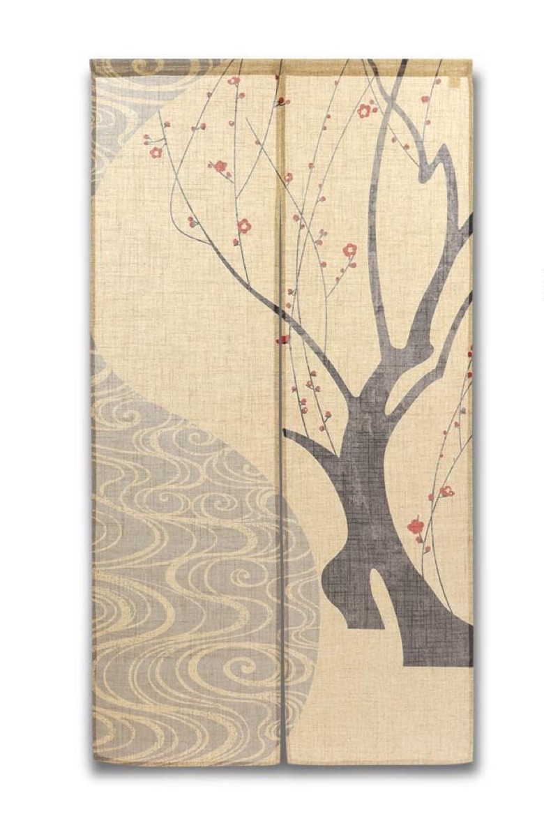 Japanese Noren Curtain, Red Plum Flowing Water Print, 33.5 x 59.1 in — view 2