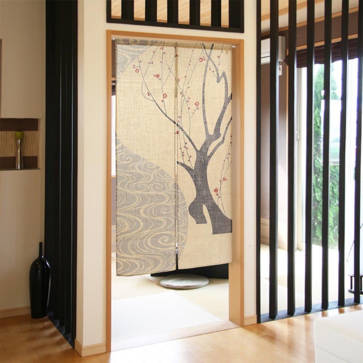 Japanese Noren Curtain, Red Plum Flowing Water Print, 33.5 x 59.1 in — view 7