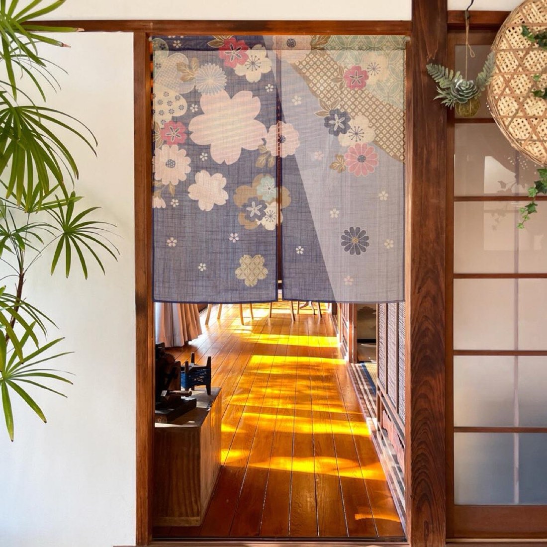 Japanese Noren Door Curtain, Auspicious Flower, 33.5 x 35.4 in, Made in Japan