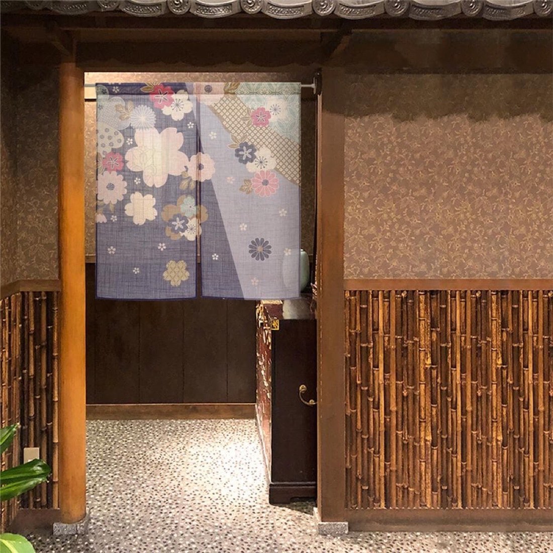 Japanese Noren Door Curtain, Auspicious Flower, 33.5 x 35.4 in, Made in Japan — view 2