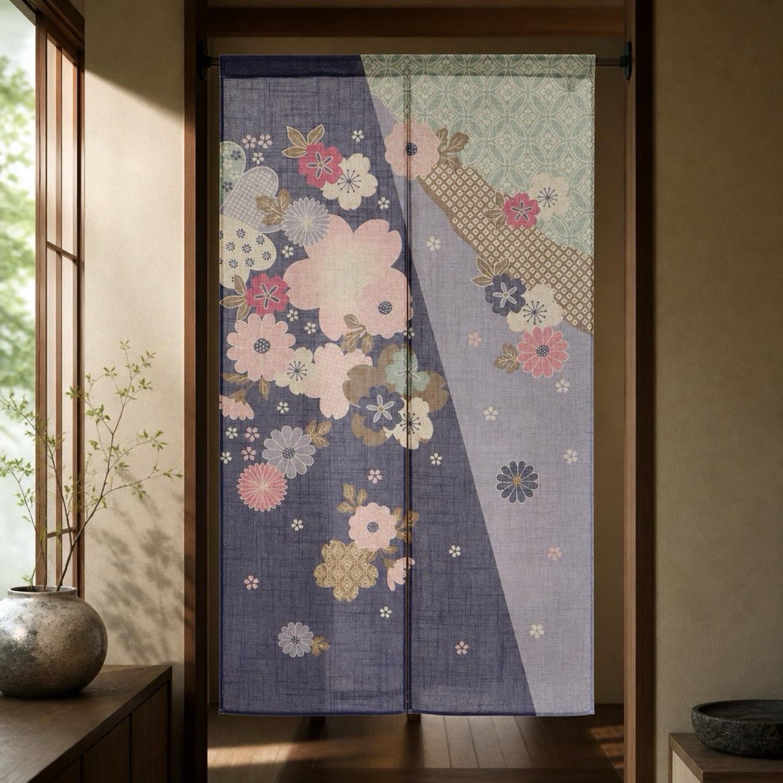 Japanese Noren Door Curtain, Auspicious Flower, 33.5 x 59.1 in, Made in Japan