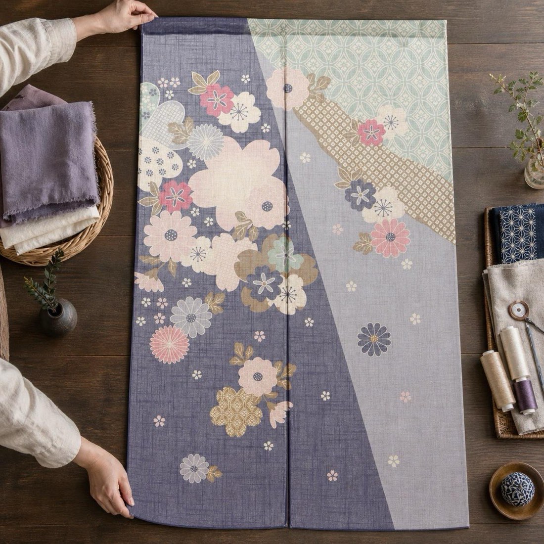 Japanese Noren Door Curtain, Auspicious Flower, 33.5 x 59.1 in, Made in Japan — view 10