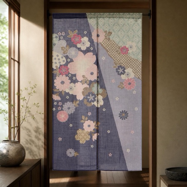 Japanese Noren Door Curtain, Auspicious Flower, 33.5 x 59.1 in, Made in Japan