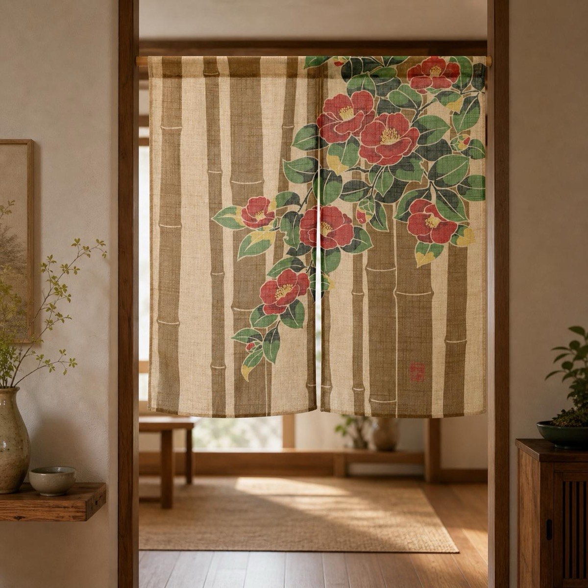 Japanese Noren Door Curtain, Bamboo and Camellia, 33.5 x 35.4 in, Made in Japan