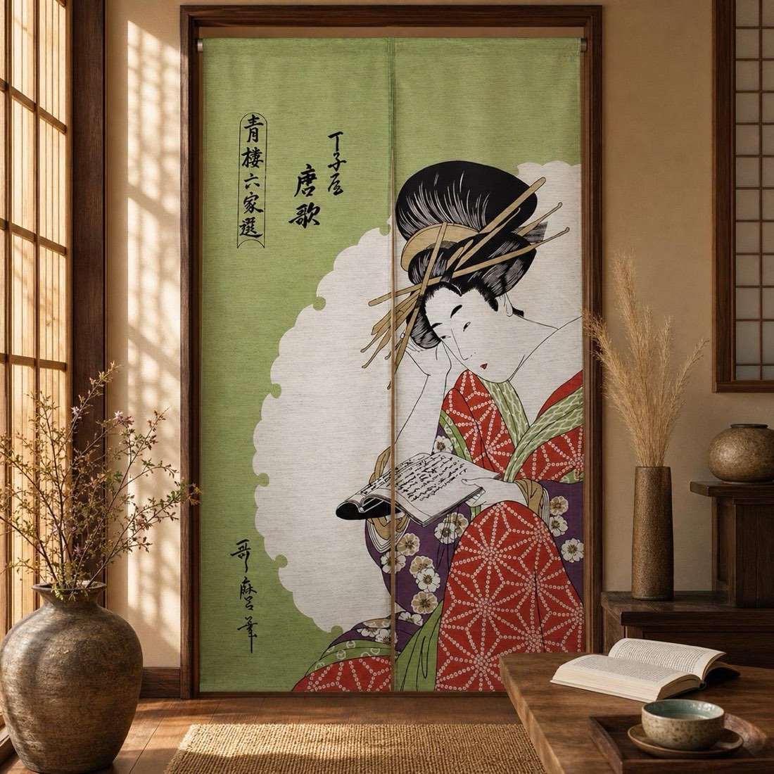 Japanese Noren Door Curtain, Classical Poem, 33.5 x 59.1 in, Made in Japan