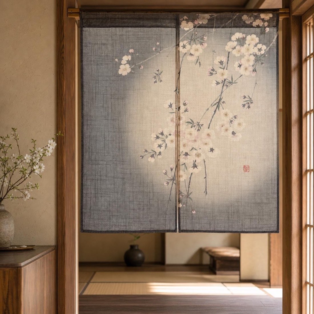Japanese Noren Door Curtain, Evening Sakura, 33.5 x 35.4 in, Made in Japan