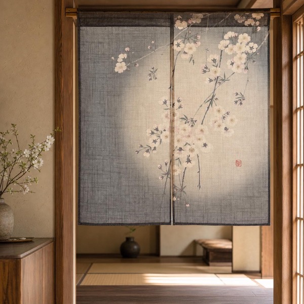 Japanese Noren Door Curtain, Evening Sakura, 33.5 x 35.4 in, Made in Japan