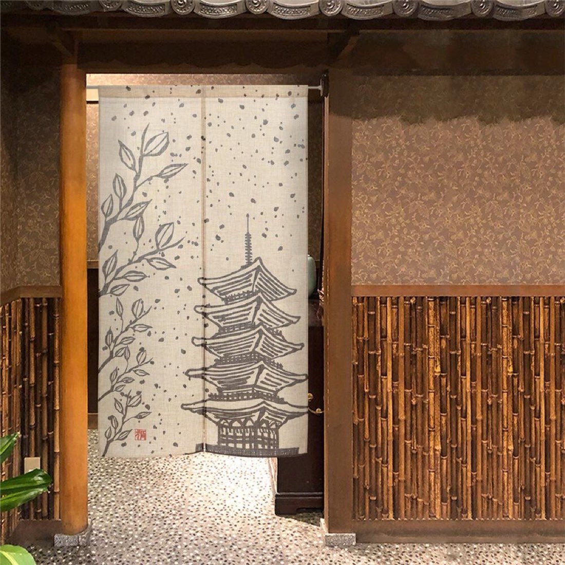Japanese Noren Door Curtain, Five Story Pagoda, 33.5 x 59.1 in, Made in Japan — view 9