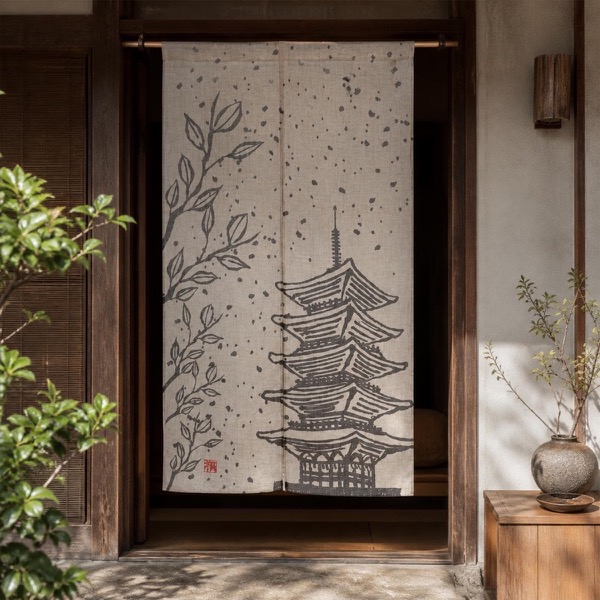 Japanese Noren Door Curtain, Five Story Pagoda, 33.5 x 59.1 in, Made in Japan