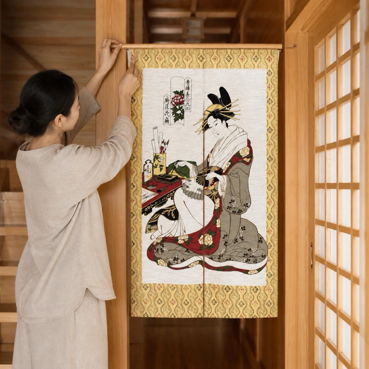 Japanese Noren Door Curtain, Floral Fan, 33.5 x 59.1 in, Made in Japan — view 10