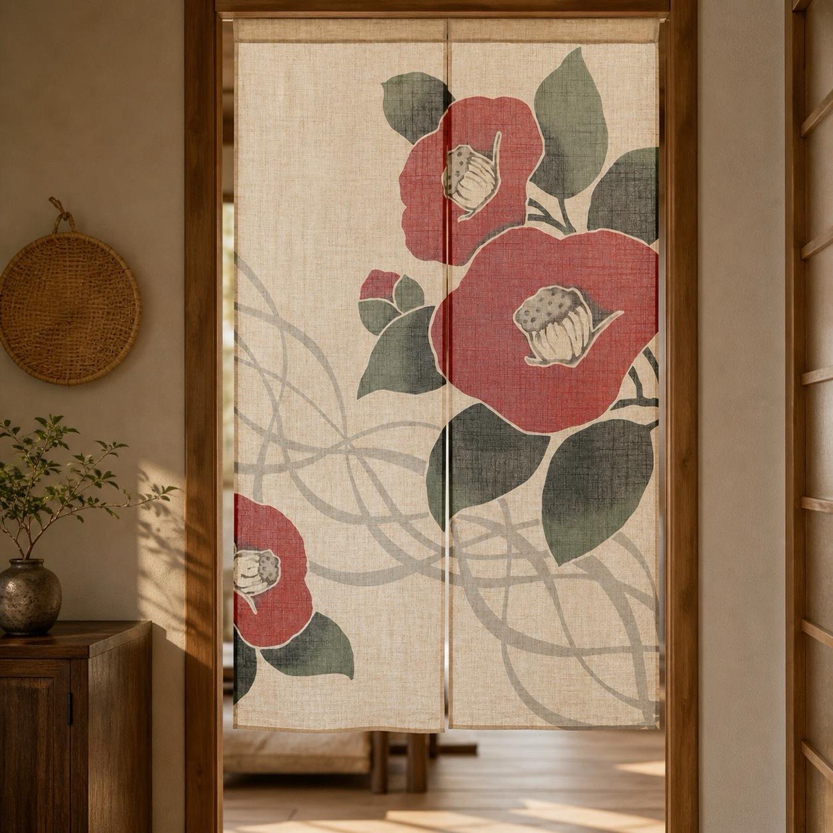 Japanese Noren Door Curtain, Flowing Line Camellia, 33.5 x 59.1 in, Made in Japan