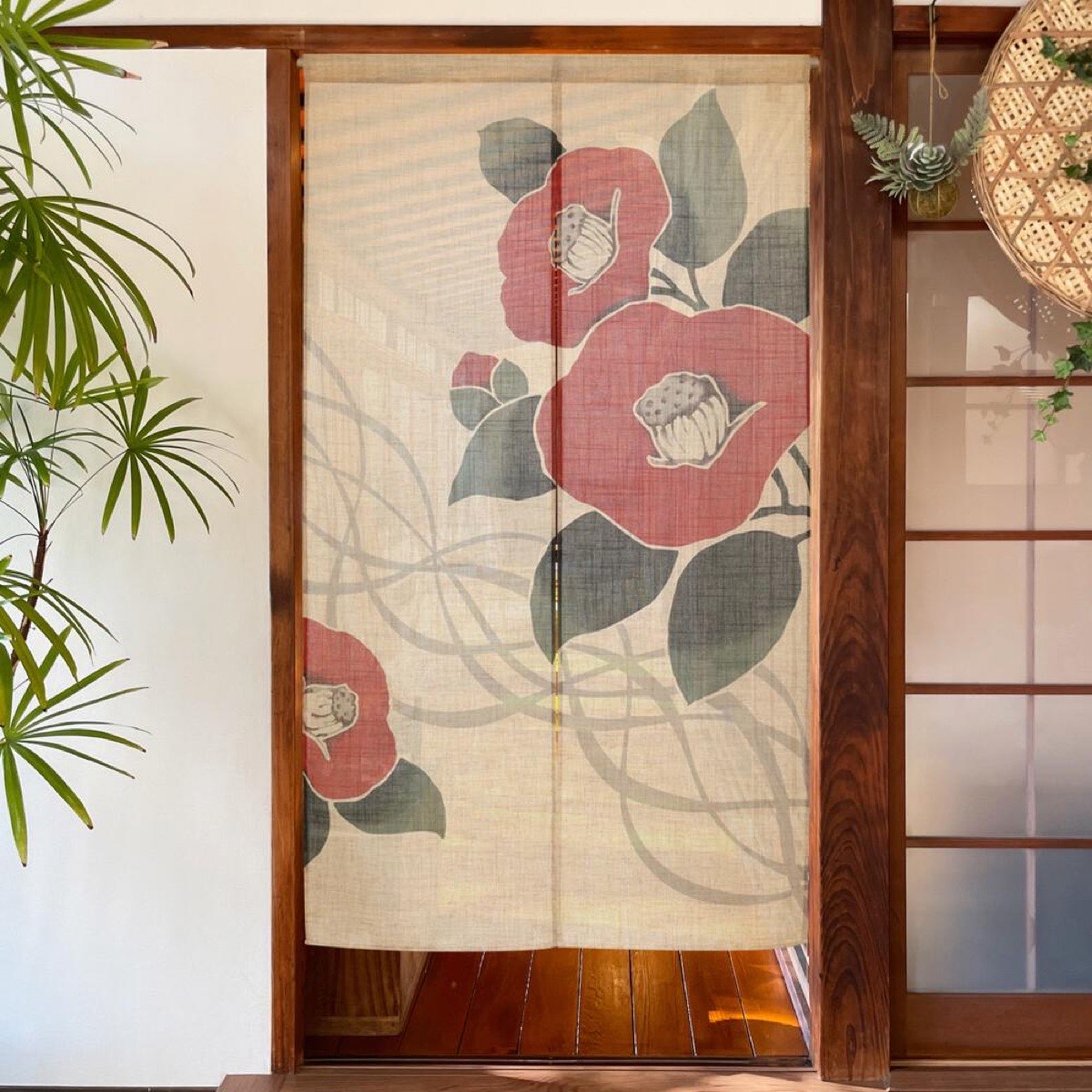 Japanese Noren Door Curtain, Flowing Line Camellia, 33.5 x 59.1 in, Made in Japan — view 2