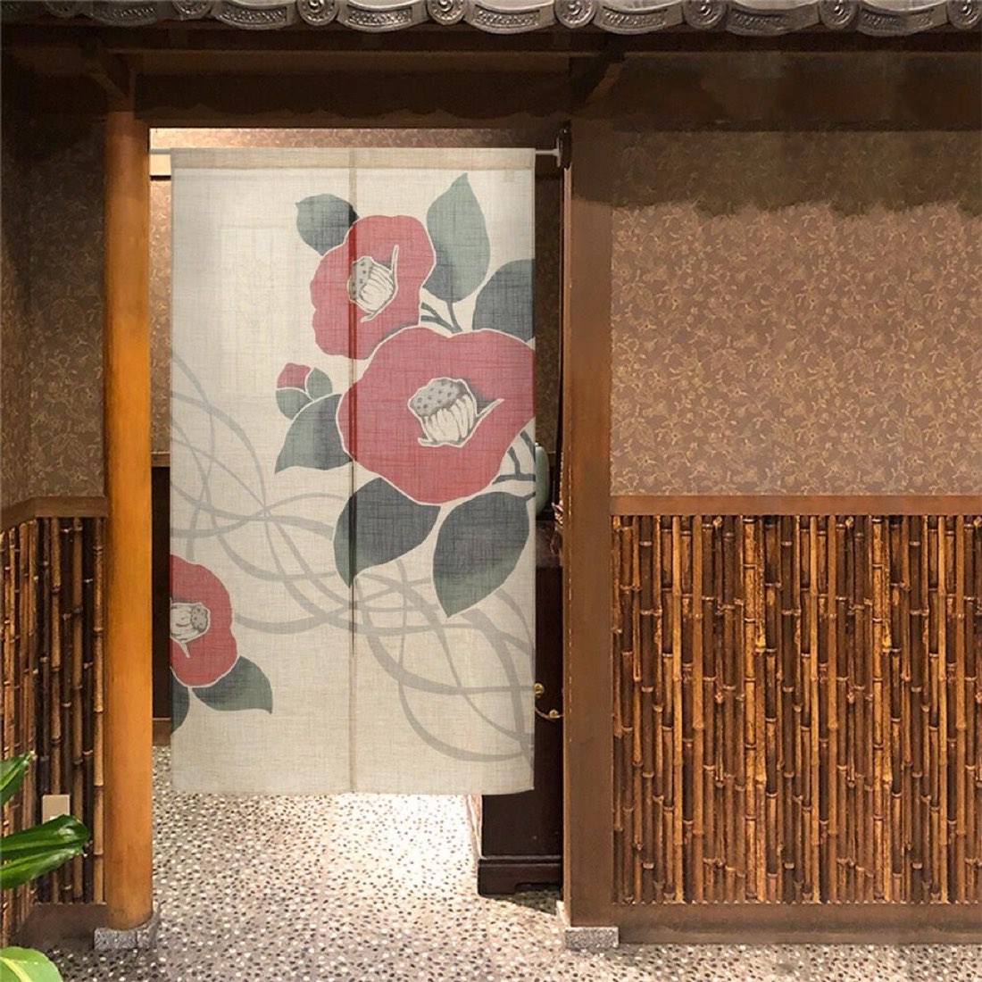Japanese Noren Door Curtain, Flowing Line Camellia, 33.5 x 59.1 in, Made in Japan — view 9