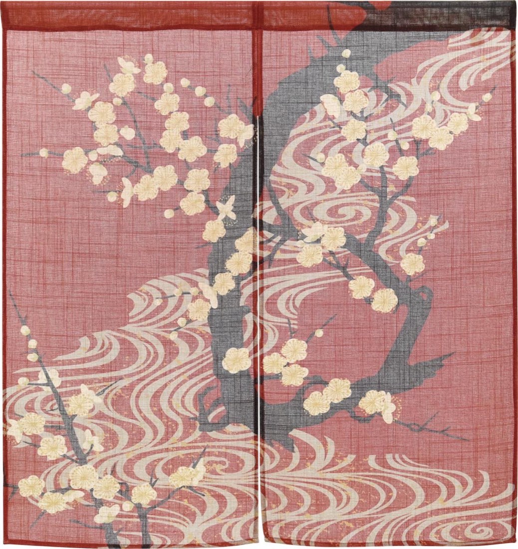 Japanese Noren Door Curtain, Flowing Water White Plum Print, 33.5 x 35.4 in — view 3