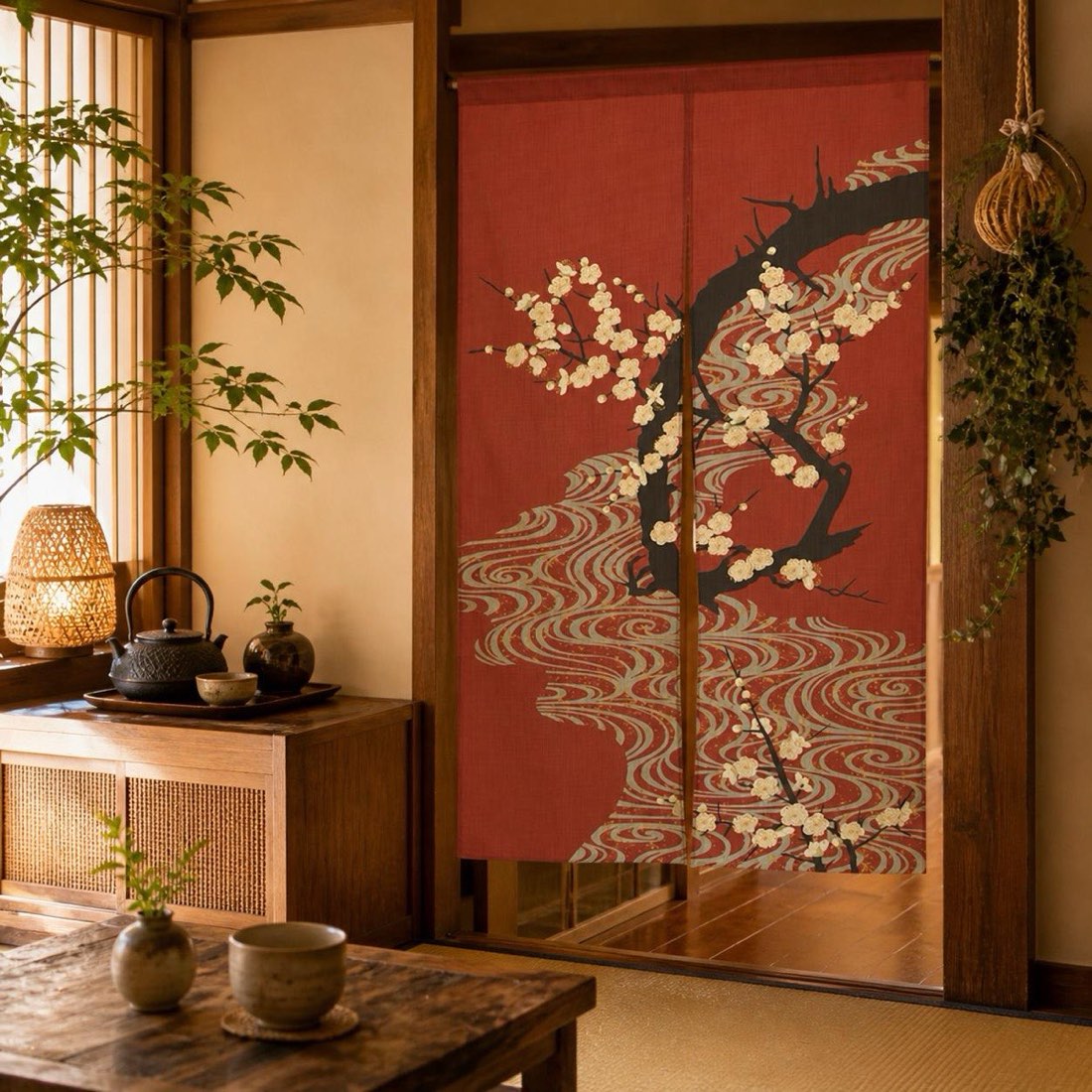 Japanese Noren Door Curtain, Flowing Water White Plum Print, 33.5 x 59.1 in — view 10