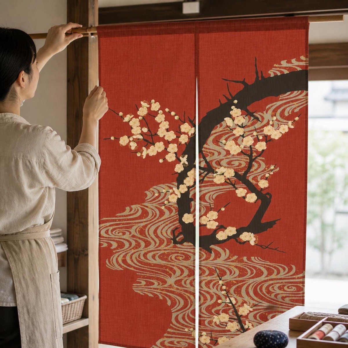 Japanese Noren Door Curtain, Flowing Water White Plum Print, 33.5 x 59.1 in — view 9