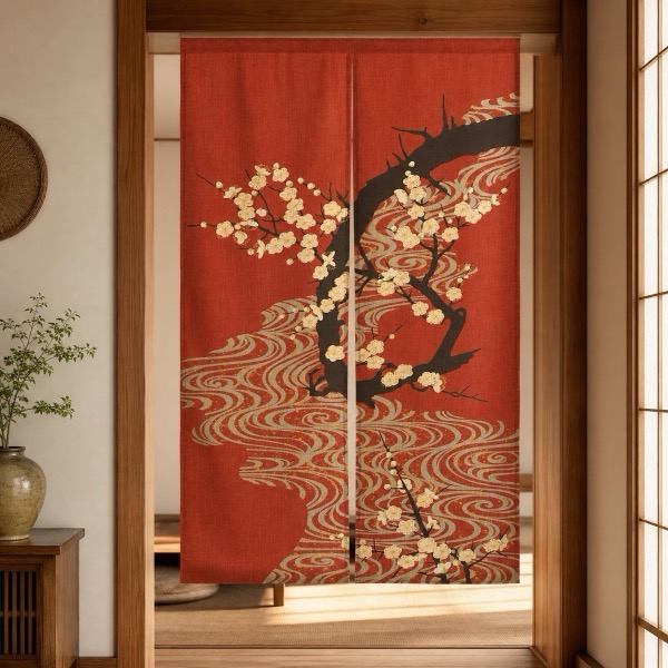 Japanese Noren Door Curtain, Flowing Water White Plum Print, 33.5 x 59.1 in