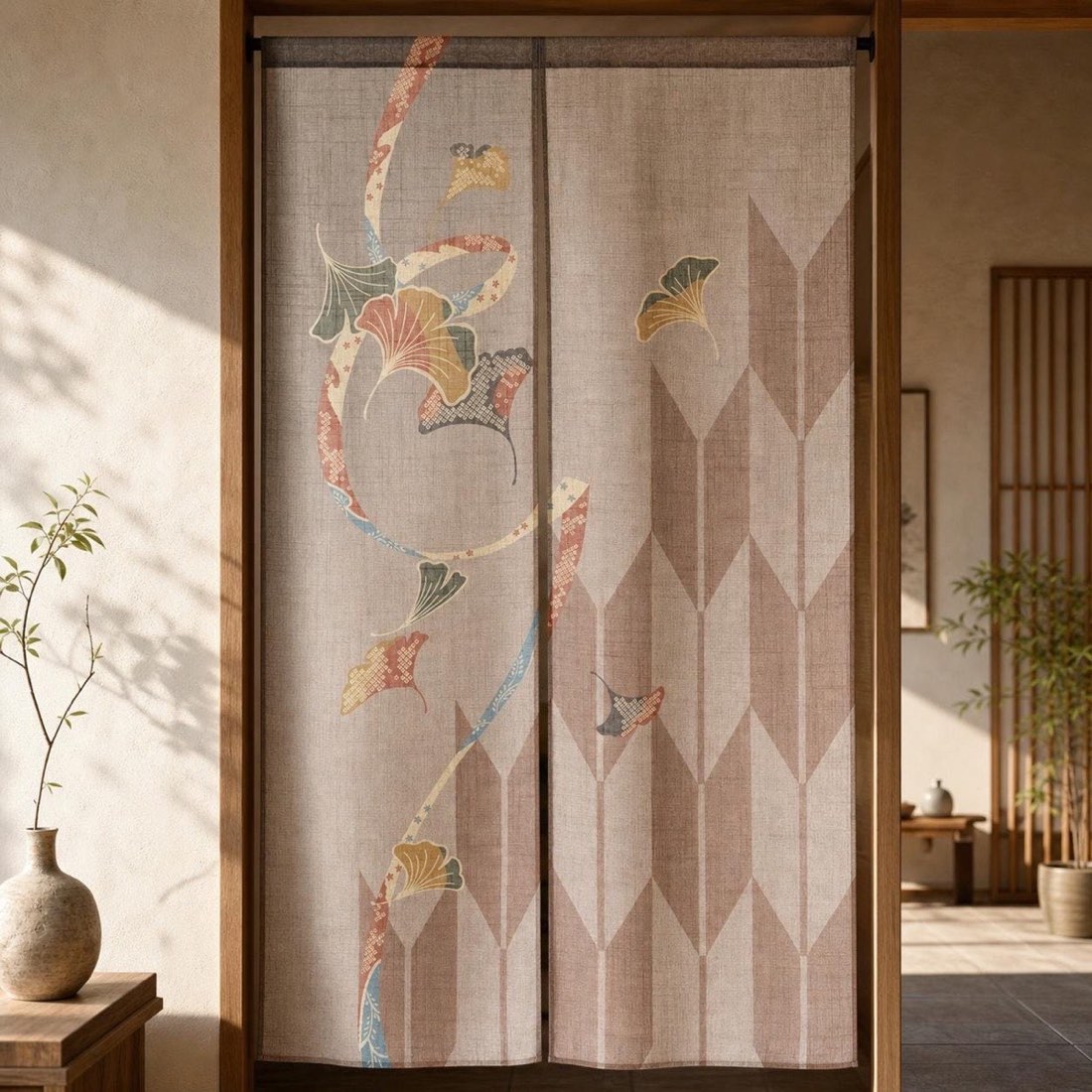 Japanese Noren Door Curtain, Ginkgo Arrow Pattern, Linen-Like Fabric, Made in Japan