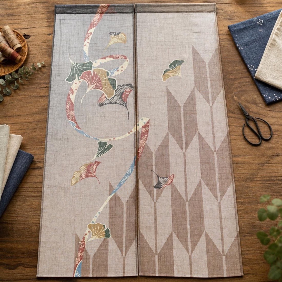 Japanese Noren Door Curtain, Ginkgo Arrow Pattern, Linen-Like Fabric, Made in Japan — view 10