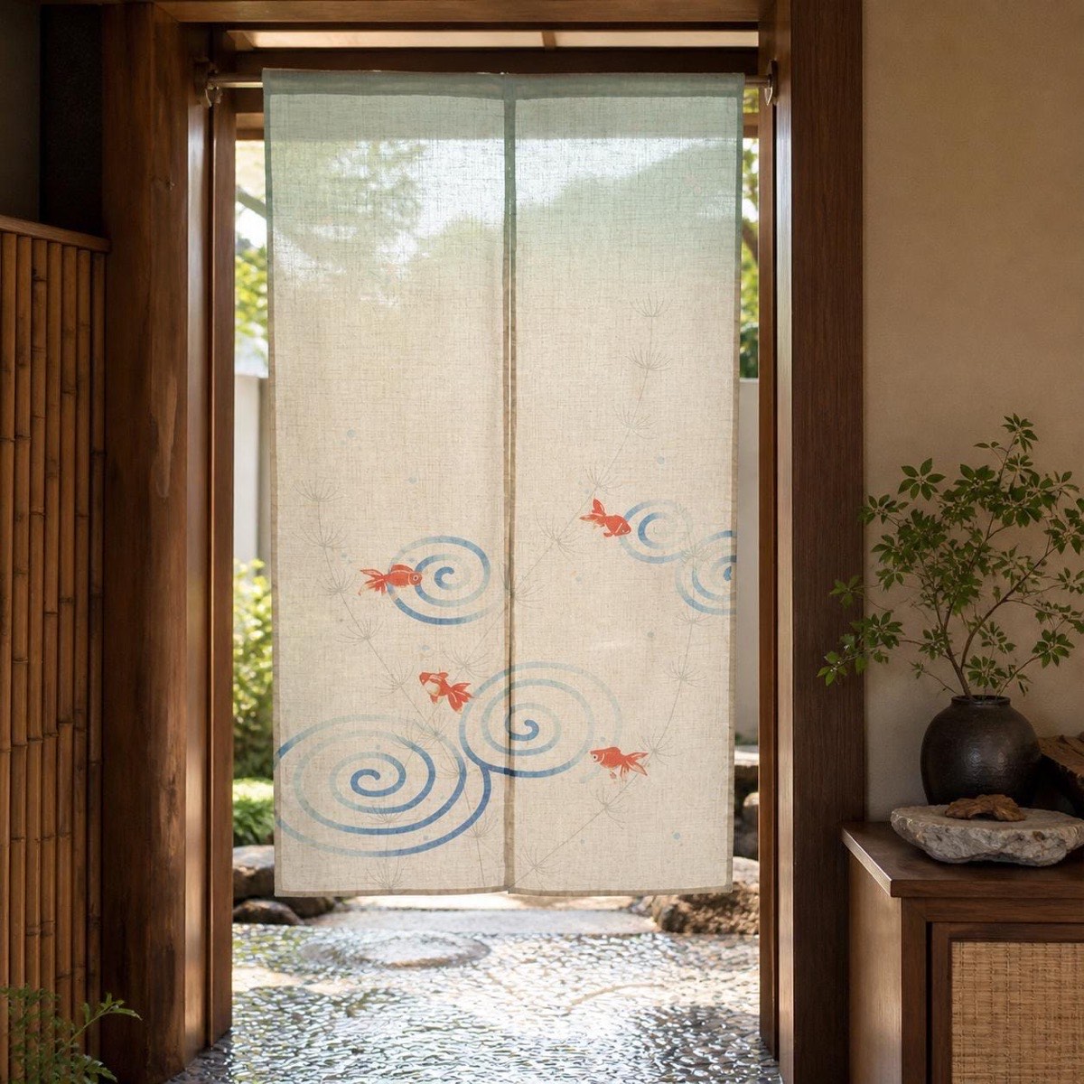 Japanese Noren Door Curtain, Goldfish and Ripple, 33.5 x 59.1 in, Made in Japan