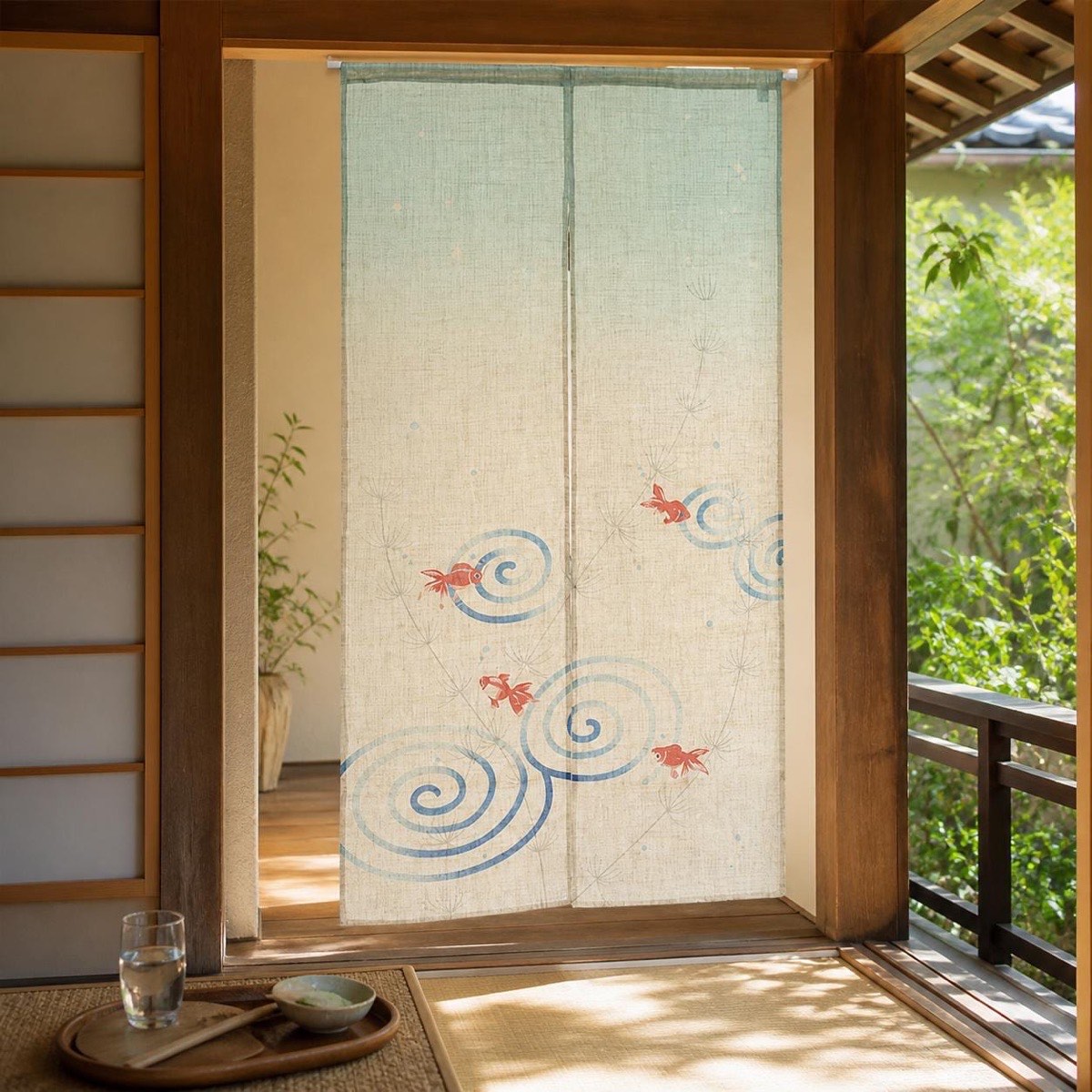 Japanese Noren Door Curtain, Goldfish and Ripple, 33.5 x 59.1 in, Made in Japan — view 9