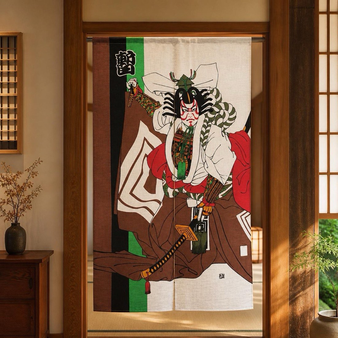 Japanese Noren Door Curtain, Kabuki Figure, 33.5 x 59.1 in, Made in Japan