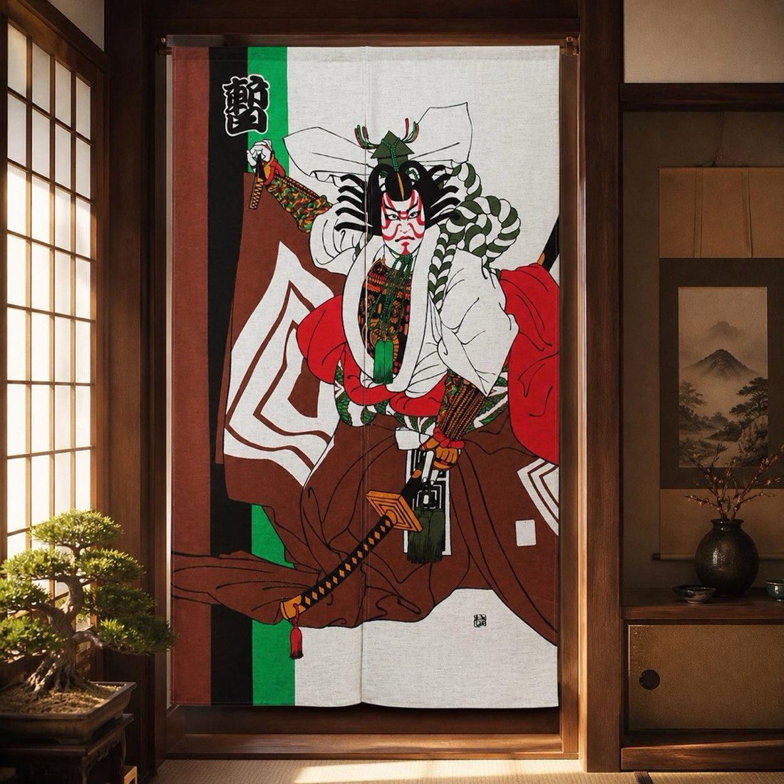 Japanese Noren Door Curtain, Kabuki Figure, 33.5 x 59.1 in, Made in Japan — view 8