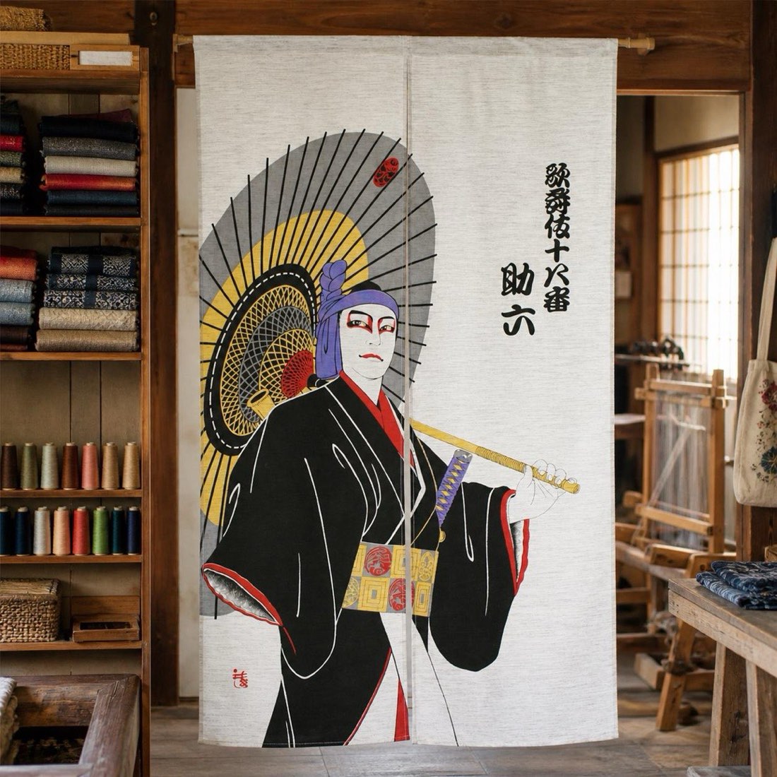 Japanese Noren Door Curtain, Kabuki Portrait, 33.5 x 59.1 in, Made in Japan — view 10