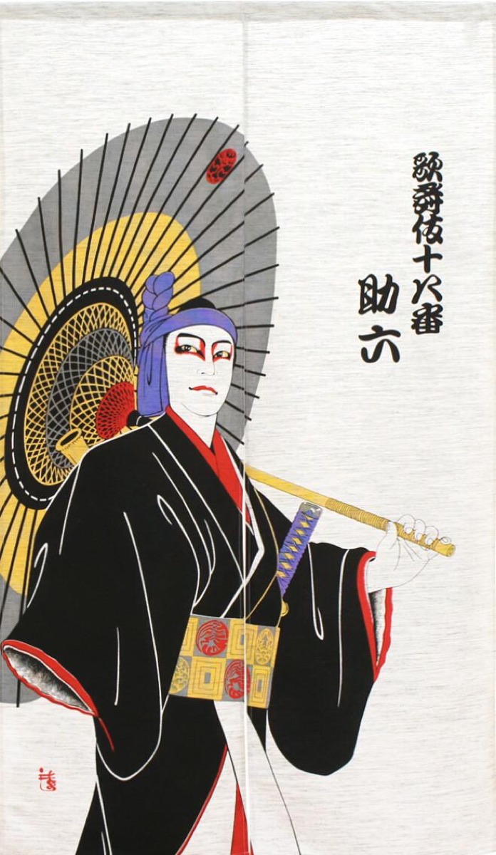Japanese Noren Door Curtain, Kabuki Portrait, 33.5 x 59.1 in, Made in Japan — view 3
