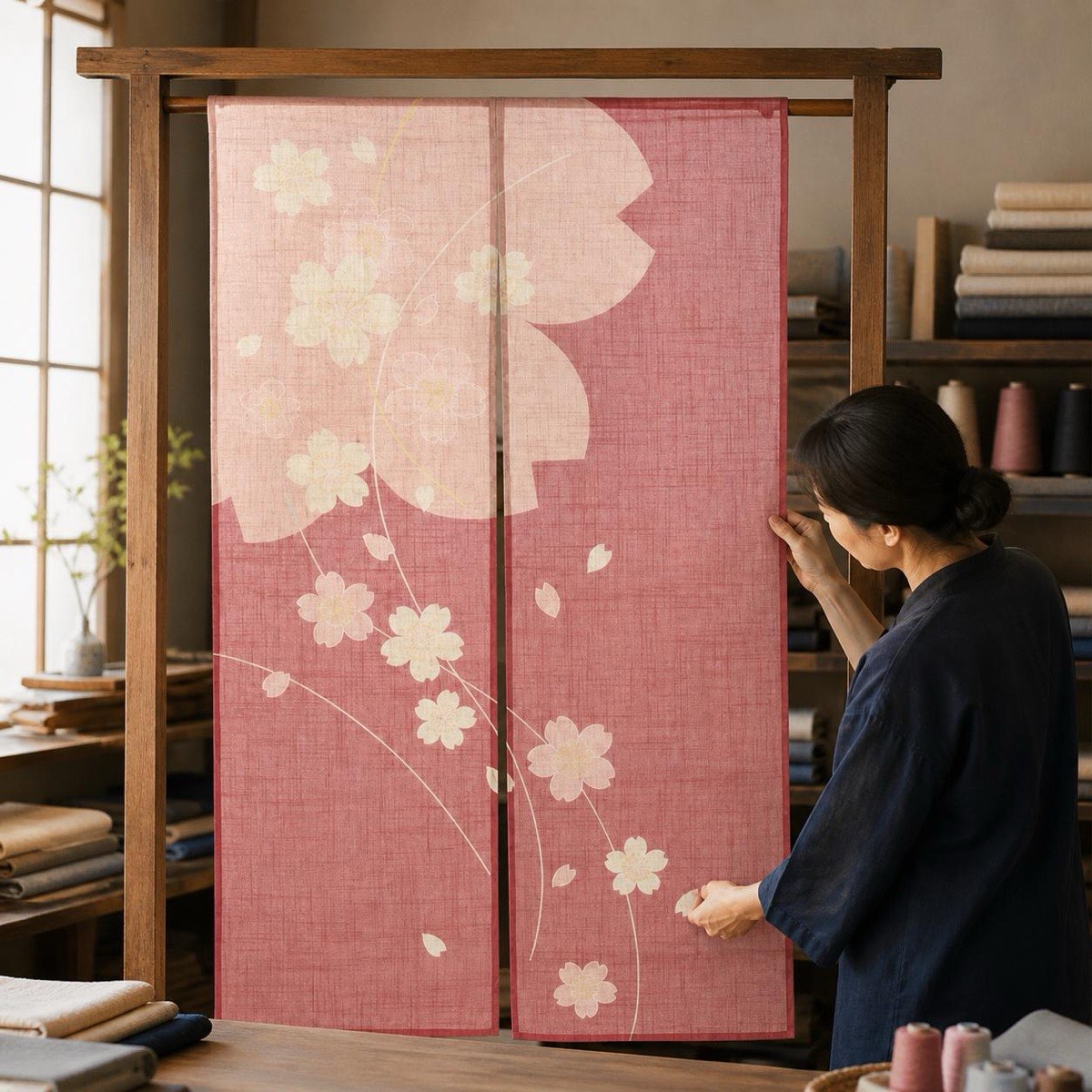 Japanese Noren Door Curtain, Line Sakura, 33.5 x 59.1 in, Made in Japan — view 10