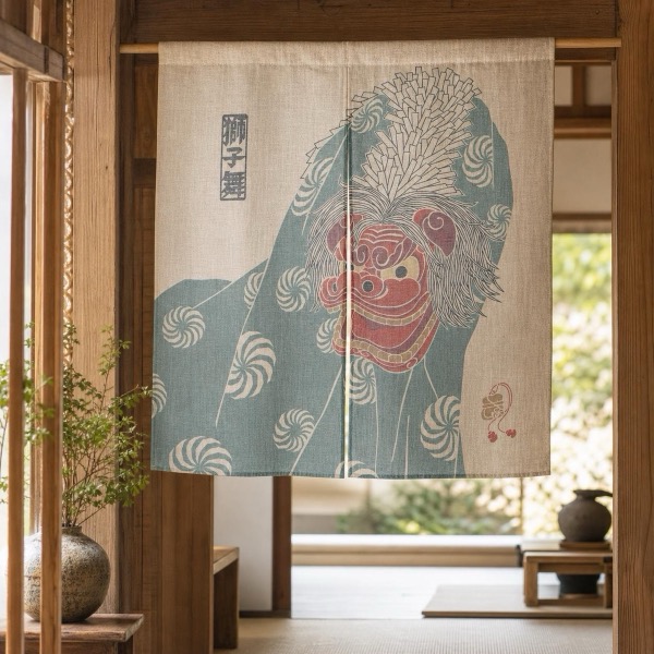 Japanese Noren Door Curtain, Lion Dance, 33.5 x 35.4 in, Made in Japan