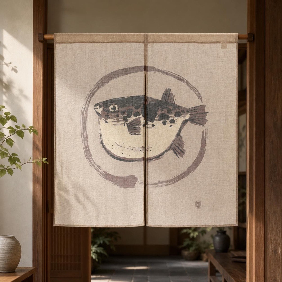 Japanese Noren Door Curtain, Pufferfish Circle, 33.5 x 35.4 in, Made in Japan