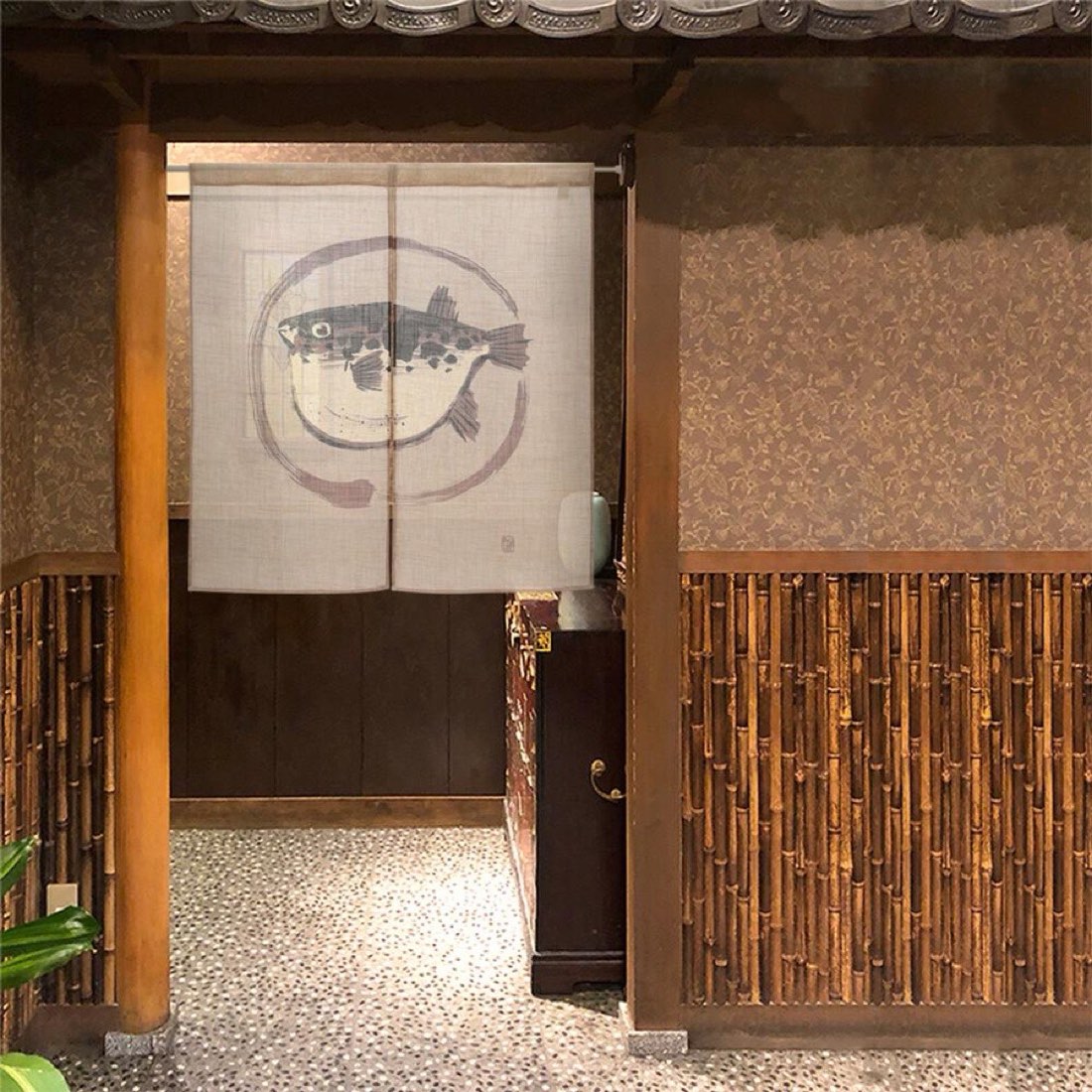 Japanese Noren Door Curtain, Pufferfish Circle, 33.5 x 35.4 in, Made in Japan — view 9