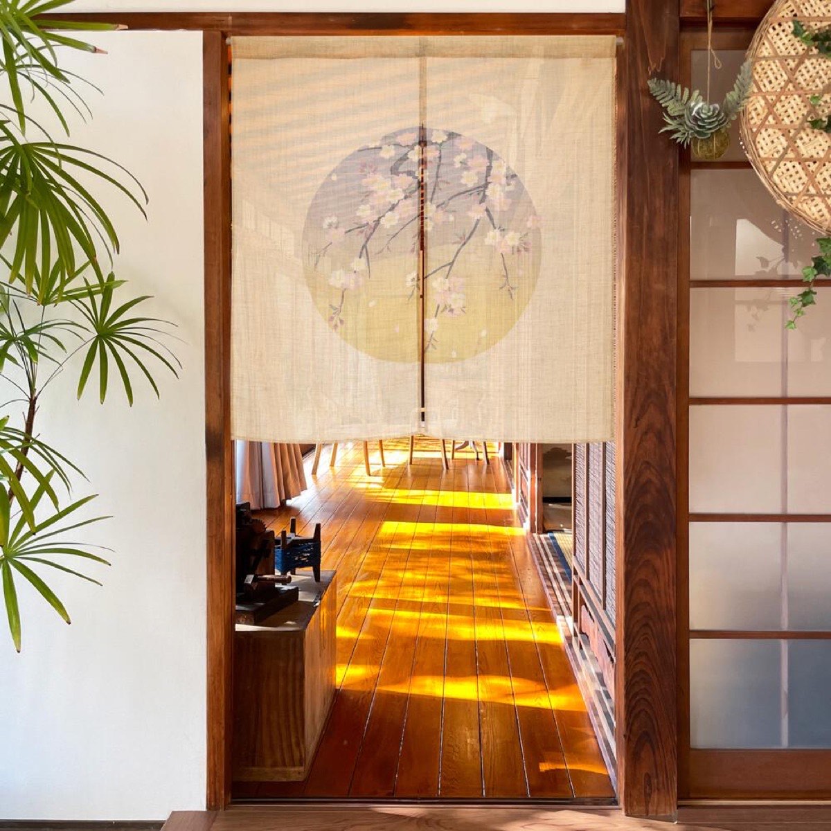 Japanese Noren Door Curtain, Round Window Sakura, 33.5 x 35.4 in, Made in Japan — view 1