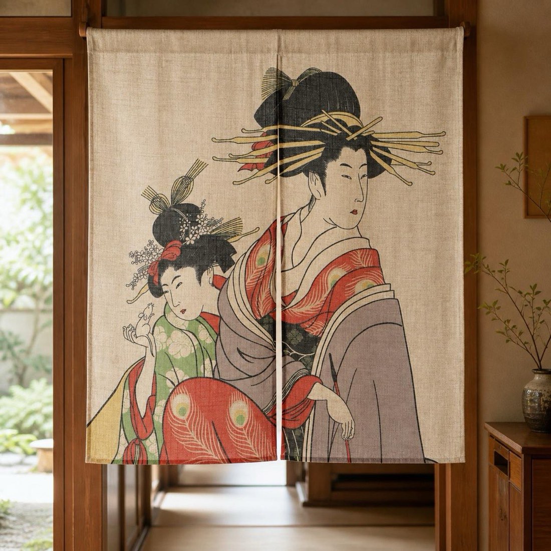Japanese Noren Door Curtain, Two Beauty Portraits, 33.5 x 35.4 in, Made in Japan