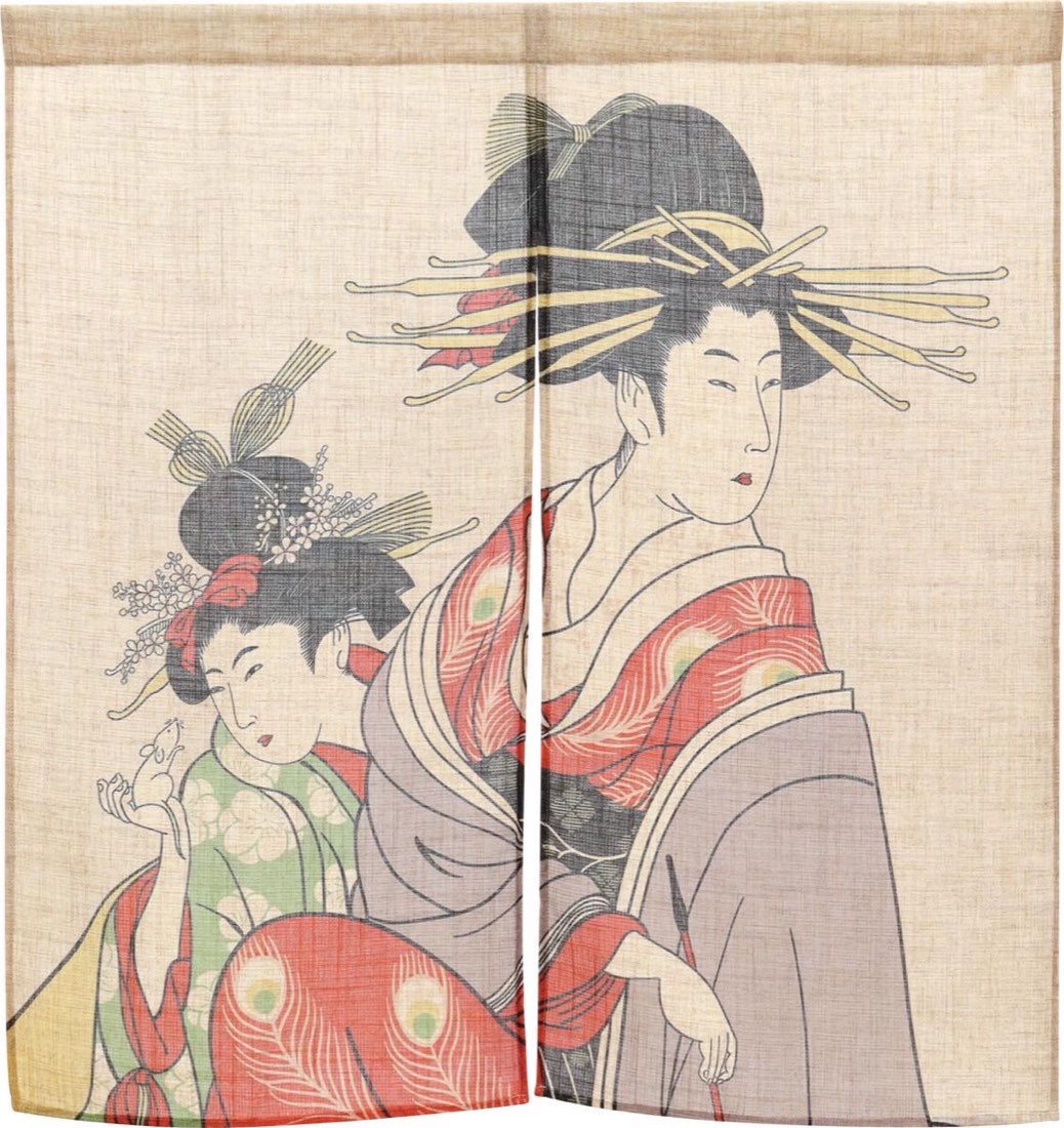Japanese Noren Door Curtain, Two Beauty Portraits, 33.5 x 35.4 in, Made in Japan — view 2