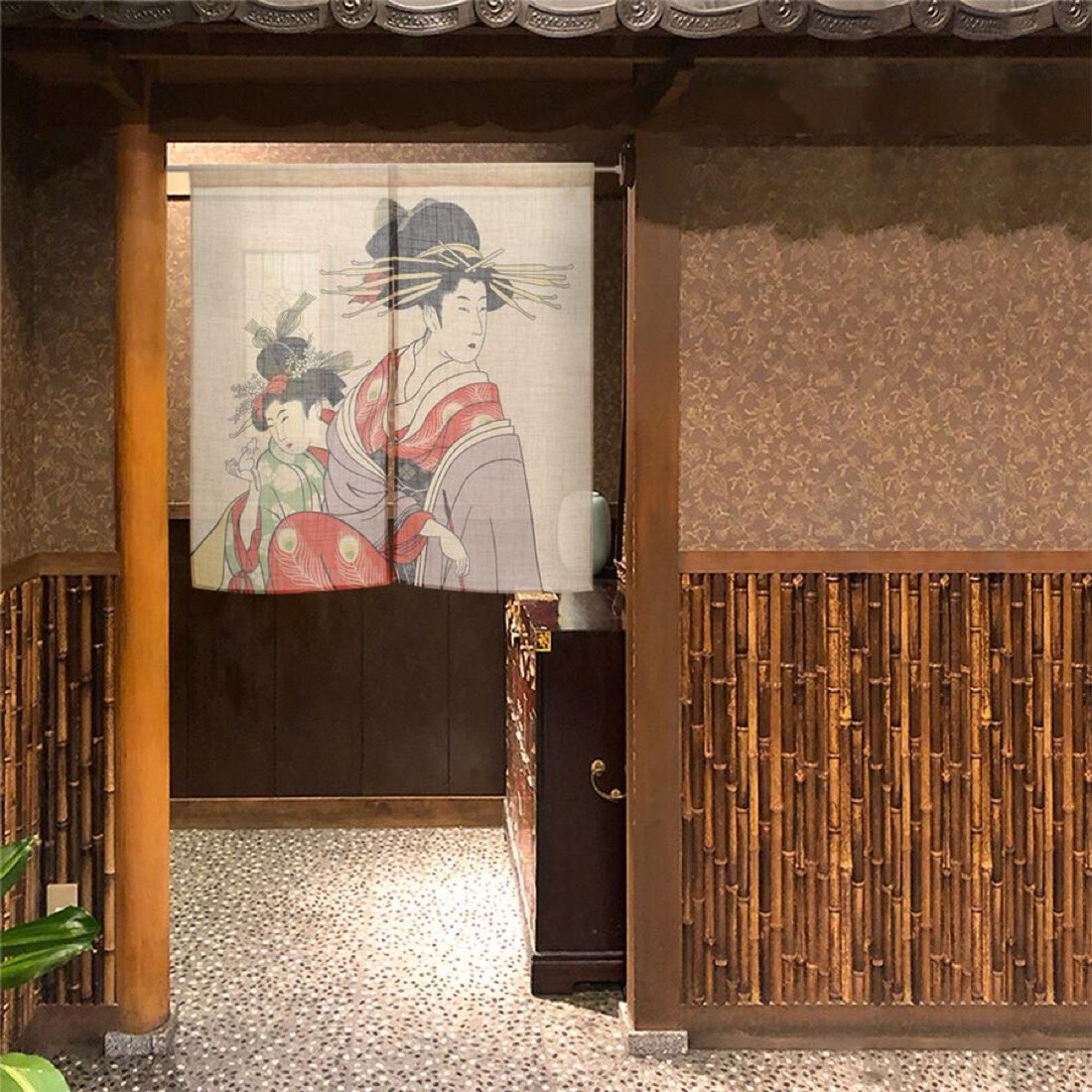 Japanese Noren Door Curtain, Two Beauty Portraits, 33.5 x 35.4 in, Made in Japan — view 9