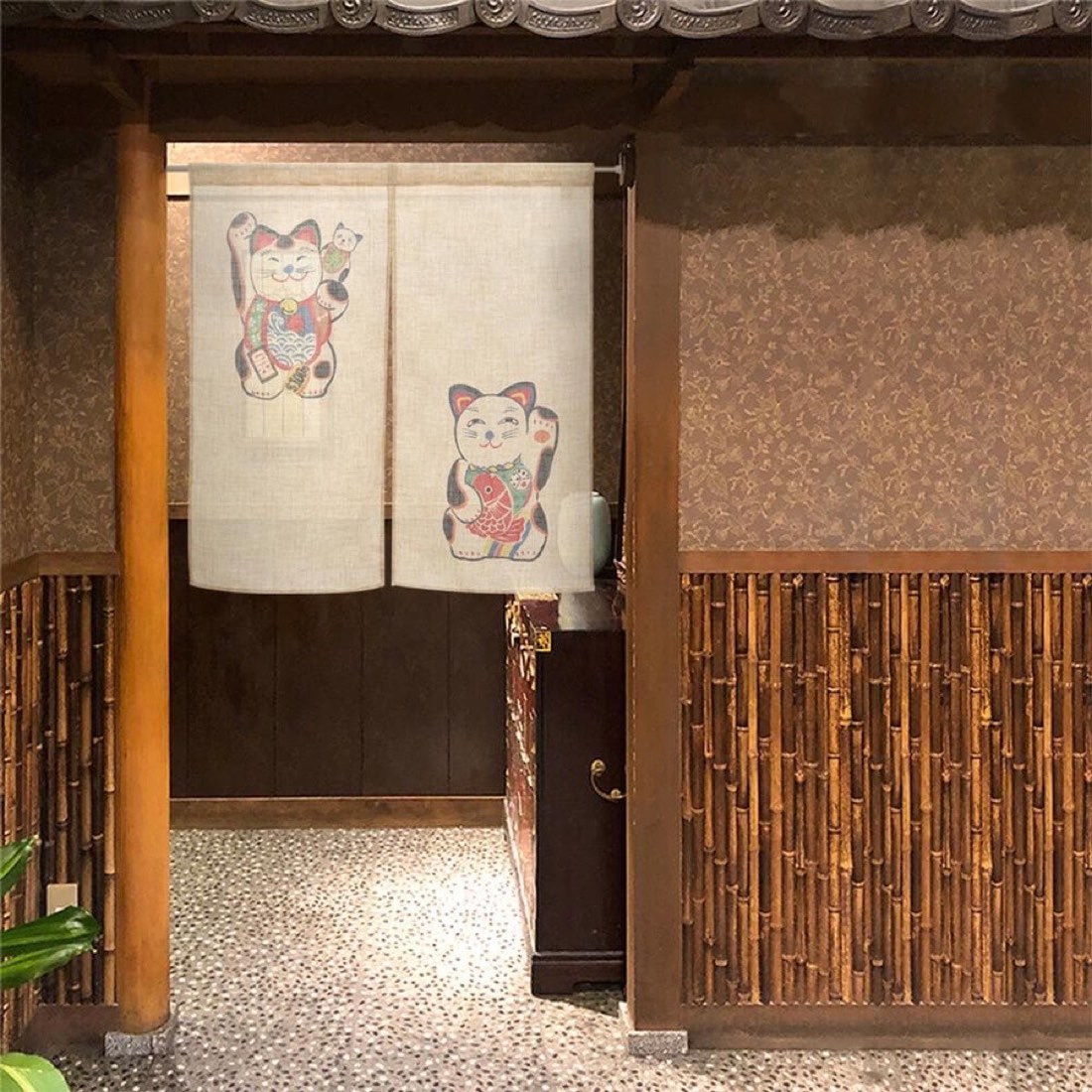 Japanese Noren Door Curtain, Two Beckoning Cats, 33.5 x 35.4 in, Made in Japan — view 2