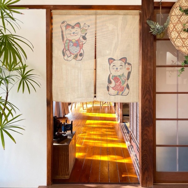 Japanese Noren Door Curtain, Two Beckoning Cats, 33.5 x 35.4 in, Made in Japan