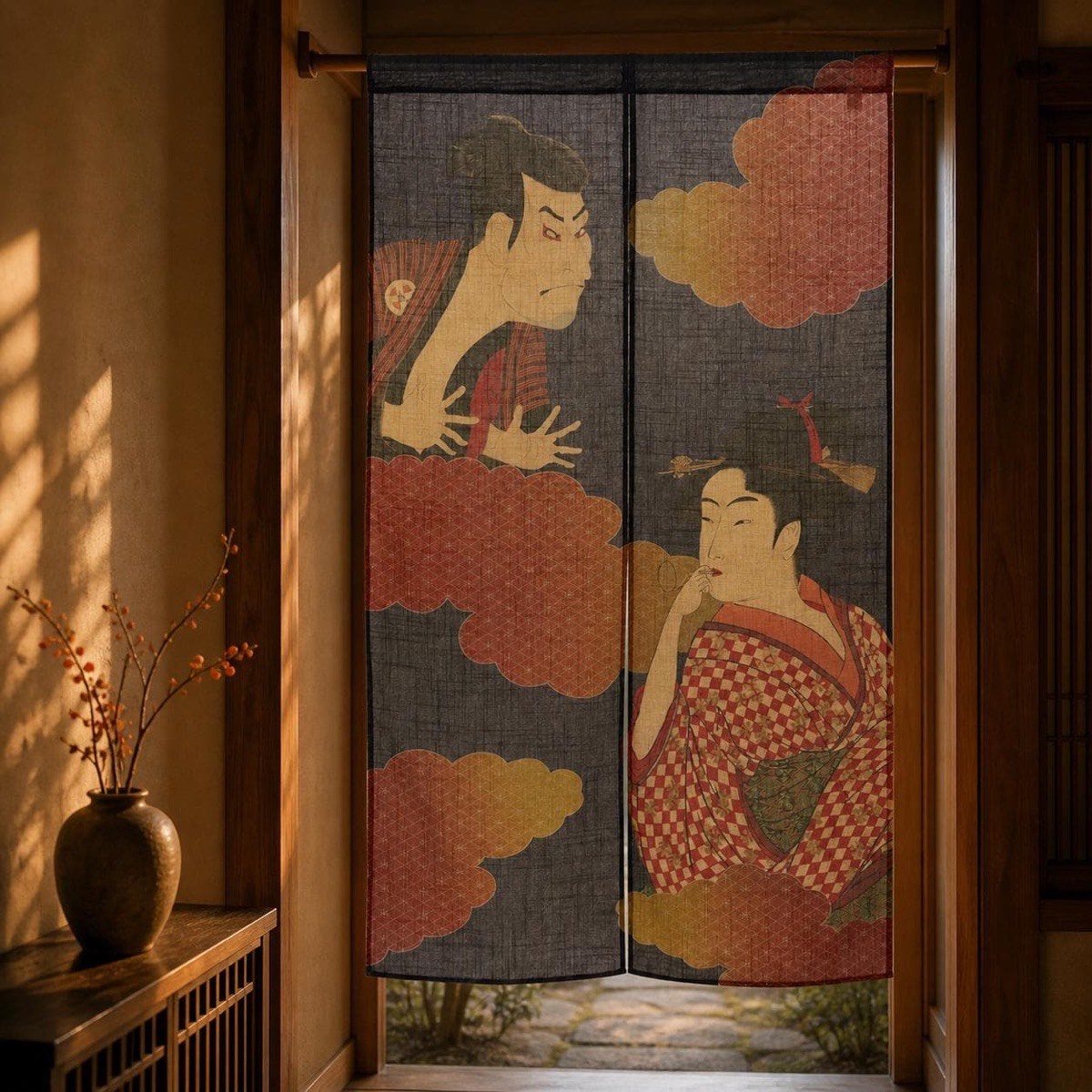 Japanese Noren Door Curtain, Ukiyoe Portrait Duo, 33.5 x 59.1 in, Made in Japan — view 10