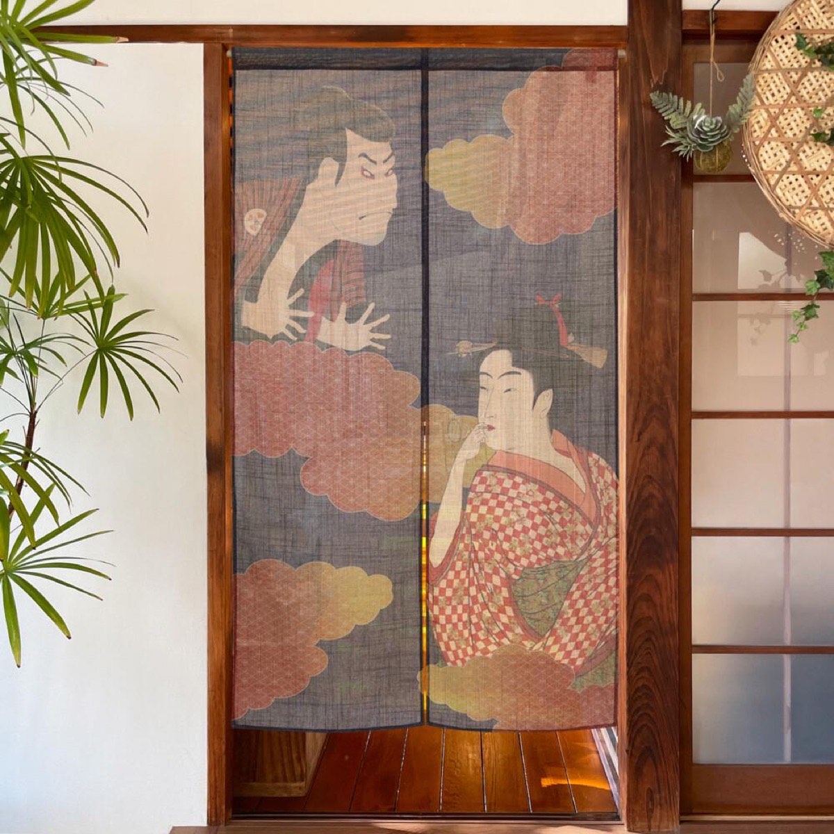 Japanese Noren Door Curtain, Ukiyoe Portrait Duo, 33.5 x 59.1 in, Made in Japan — view 2