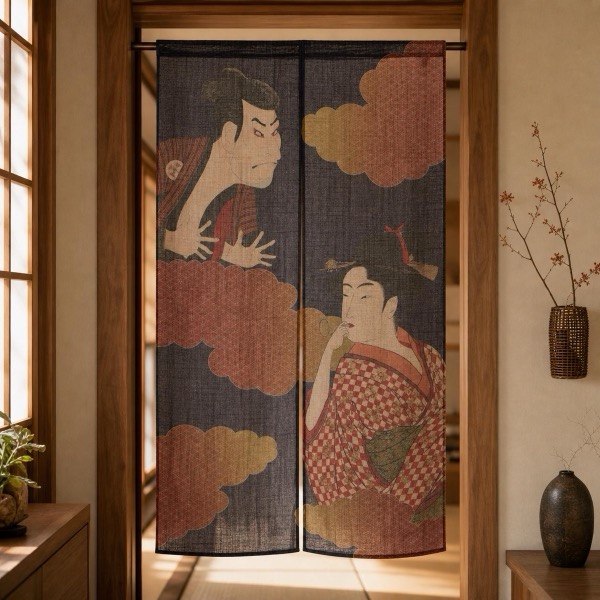 Japanese Noren Door Curtain, Ukiyoe Portrait Duo, 33.5 x 59.1 in, Made in Japan