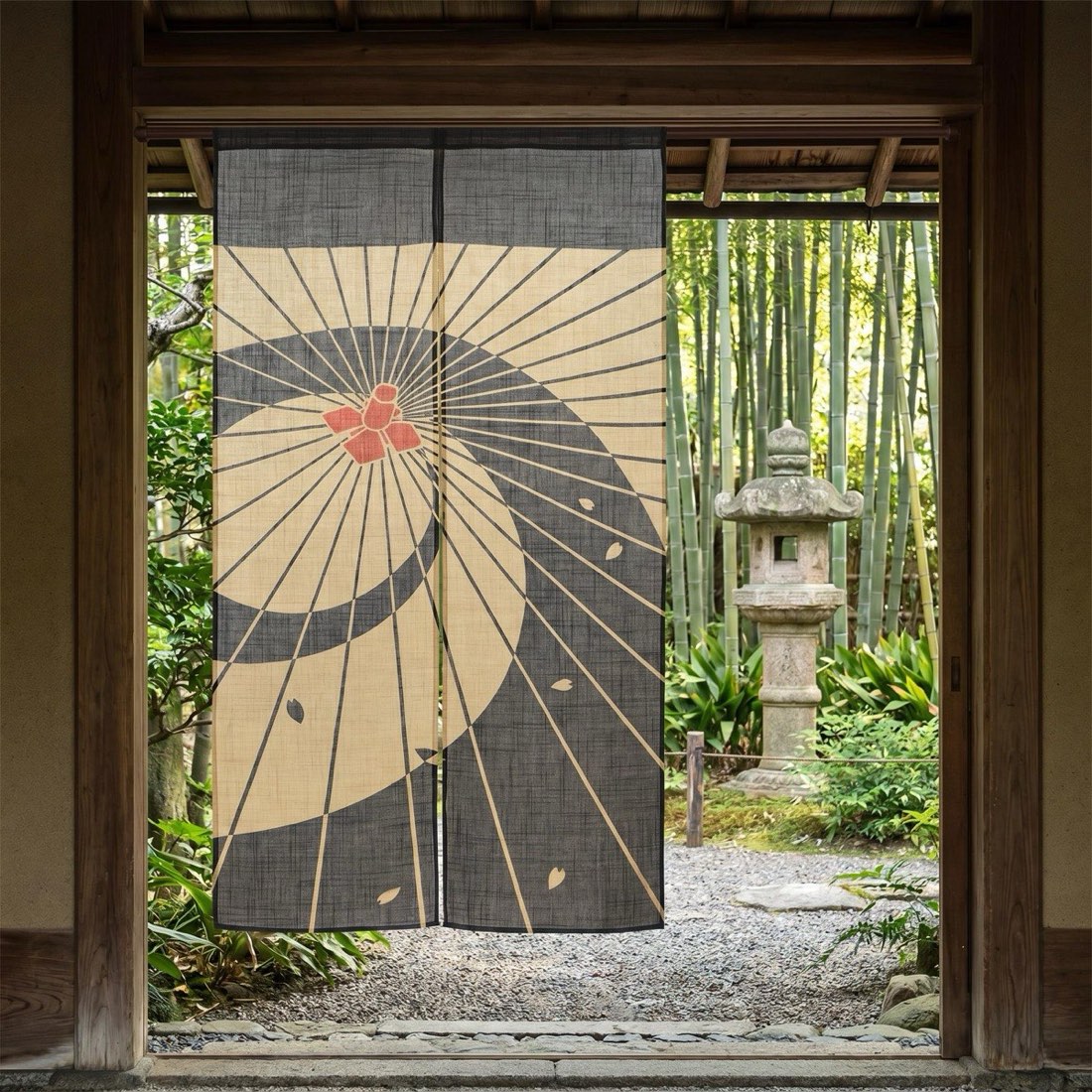 Japanese Noren Door Curtain, Umbrella Petals Print, Linen-like Fabric, Made in Japan