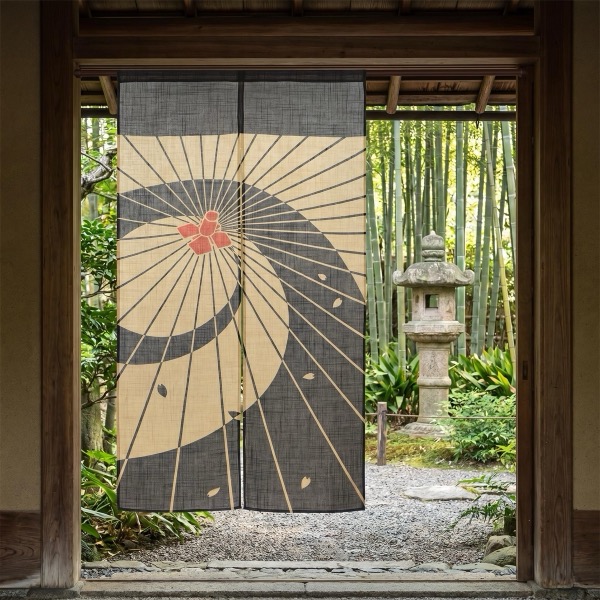 Japanese Noren Door Curtain, Umbrella Petals Print, Linen-like Fabric, Made in Japan