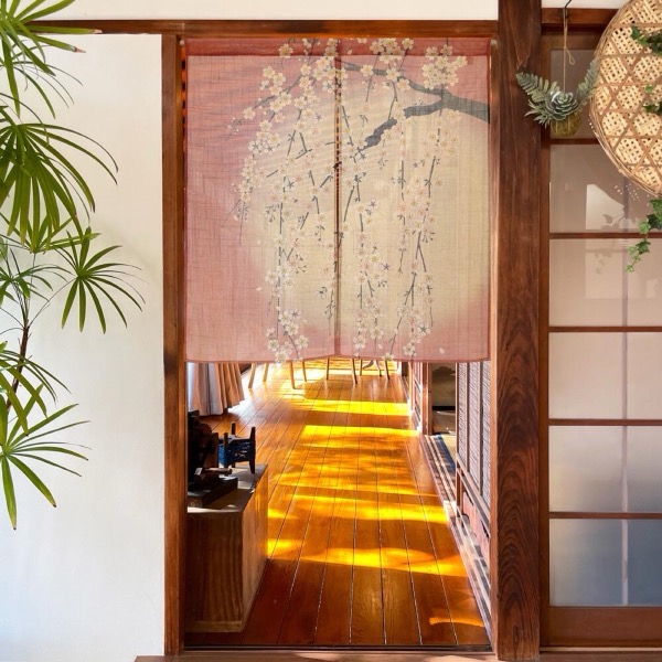 Japanese Noren Door Curtain, Weeping Cherry Moon Print, 33.5 x 35.4 in