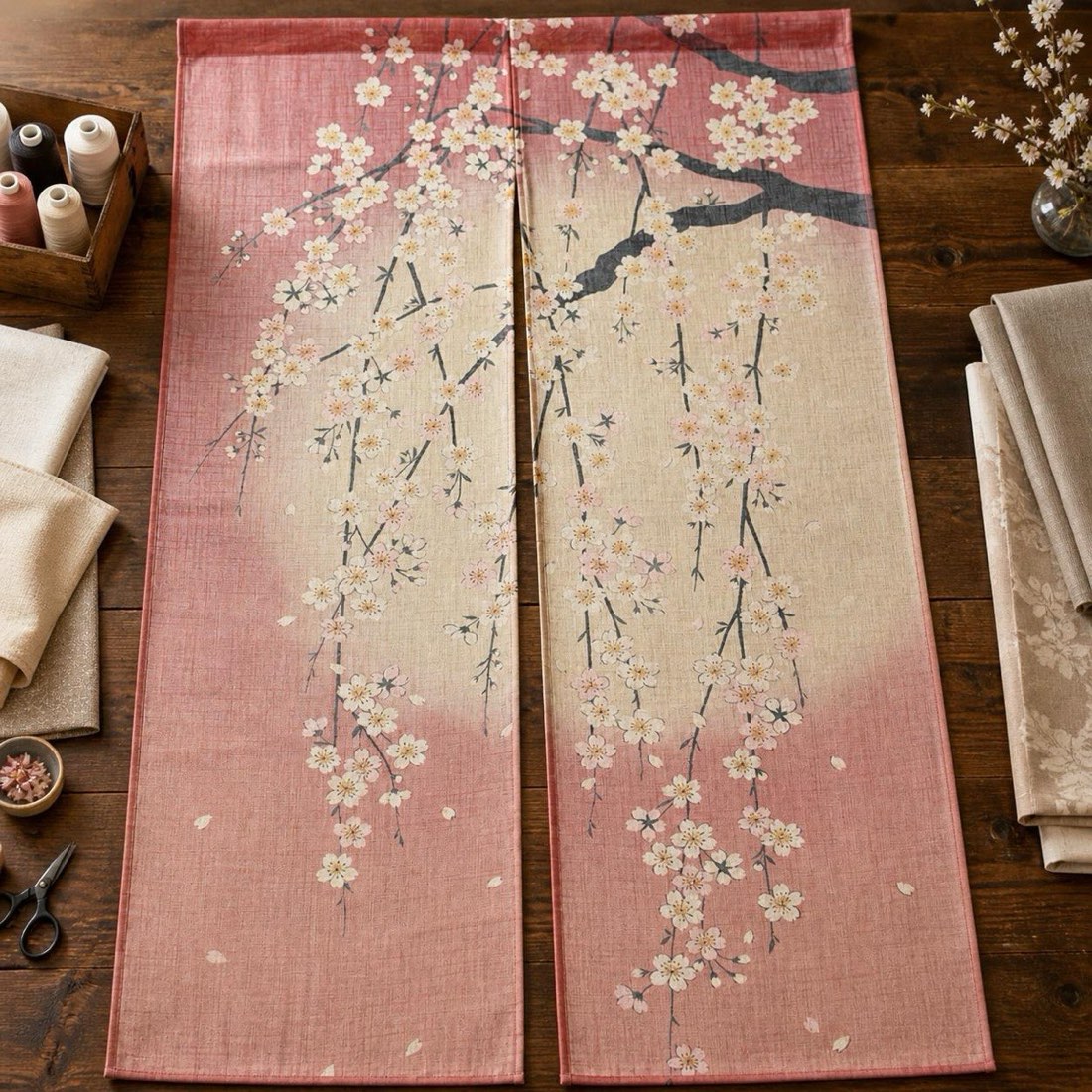 Japanese Noren Door Curtain, Weeping Cherry Moon Print, 33.5 x 59.1 in — view 10