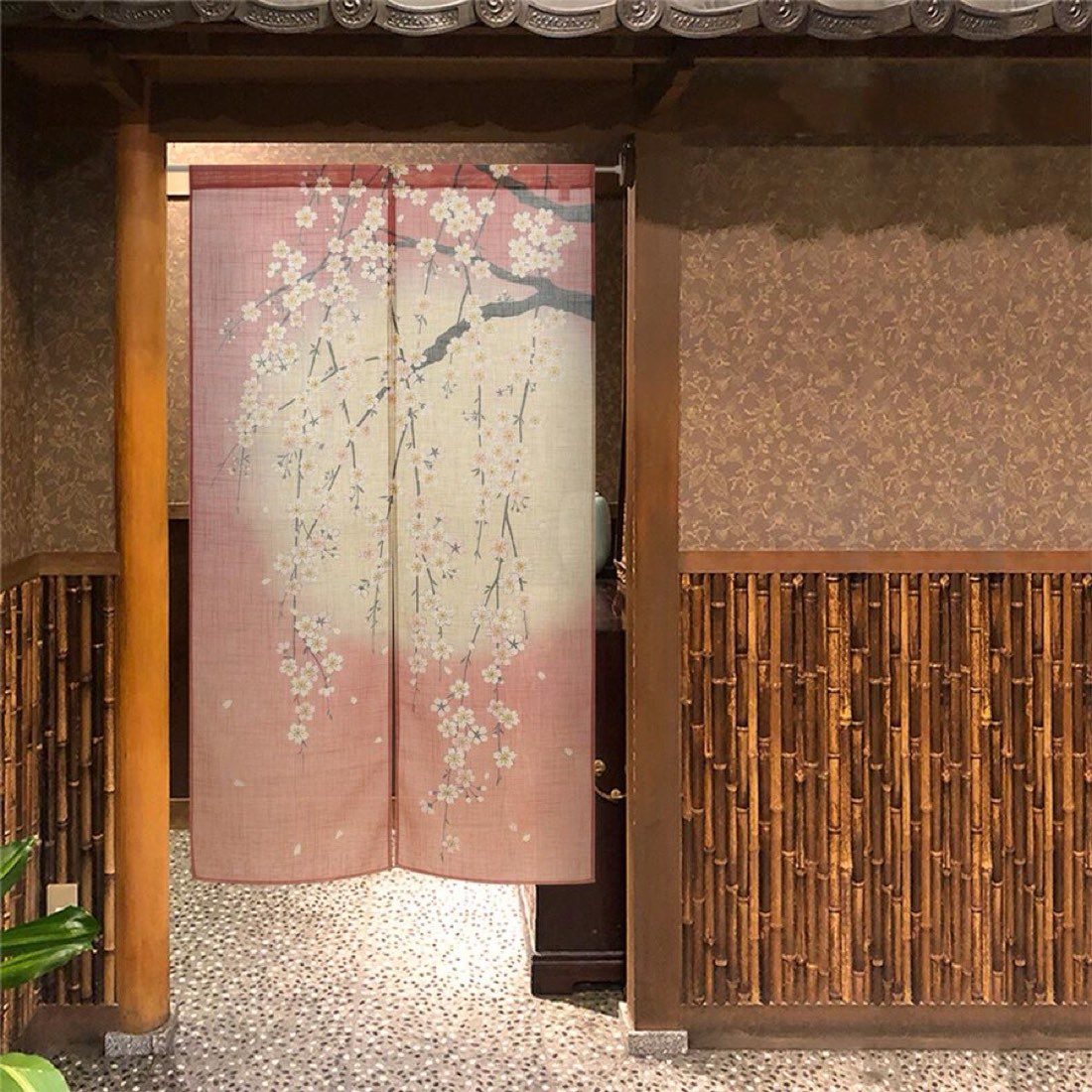 Japanese Noren Door Curtain, Weeping Cherry Moon Print, 33.5 x 59.1 in — view 9